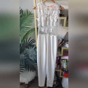 Floral White Mesh and Lace Jumpsuit - Size Large